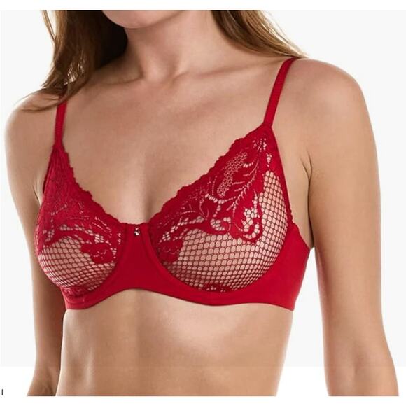 Le Mystere Sheer Lace Allure Demi Bra Size 32DDD Cherry Red Underwire - Picture 1 of 7